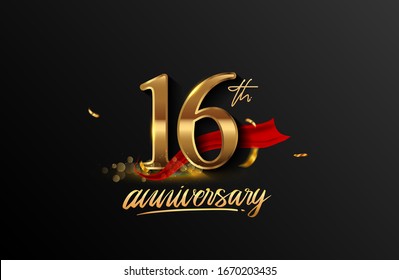 16th anniversary logo with red ribbon and golden confetti isolated on elegant background, sparkle, vector design for greeting card and invitation card.