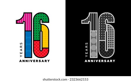 16th anniversary logo set, sixteen years badge, colorful logo for holiday event, invitation, congratulations, web template, flyer and booklet, retro symbol, color logo