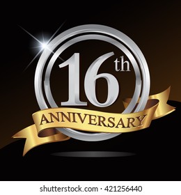 16th anniversary logo, with shiny silver ring and gold ribbon isolated on black background. vector design for birthday celebartion