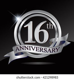 16th anniversary logo with silver ring and ribbon. Vector design template elements for your birthday celebration.