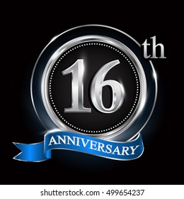 16th anniversary logo with silver ring and blue ribbon.