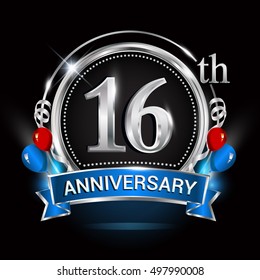 16th anniversary logo with silver ring,balloons and blue ribbon. Vector design template elements for your birthday celebration.