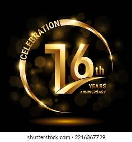 Logo del 16º Aniversario, Diseño de plantilla para la celebración del aniversario con anillo dorado y texto, ilustración vectorial