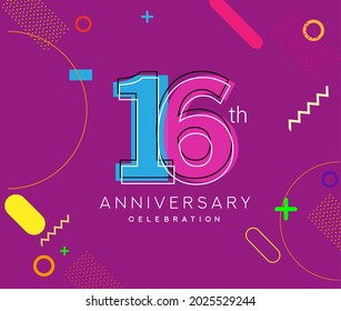 16th anniversary logo, vector design birthday celebration with colorful geometric background.