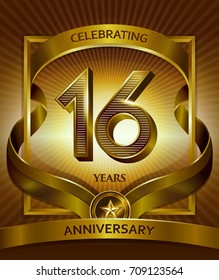 16th anniversary logo. Vector and illustration shiny gold ribbon