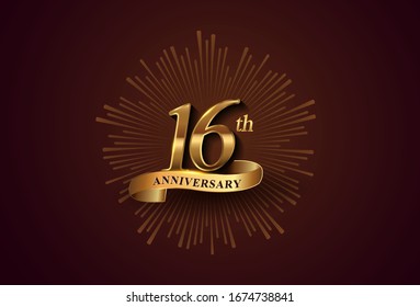 16th anniversary logotype with fireworks and golden ribbon, isolated on elegant background. vector anniversary for celebration, invitation card, and greeting card.