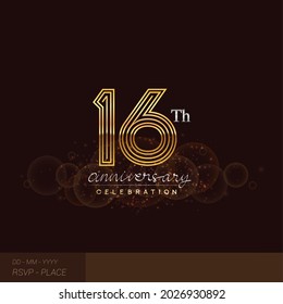 Logotipo del 16º aniversario con brillantes y brillantes colores dorados aislados en un fondo elegante.