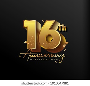 Logotipo de 16 Aniversario con Confetti de Oro aislado en fondo negro, diseño vectorial para tarjeta de felicitación y tarjeta de invitación