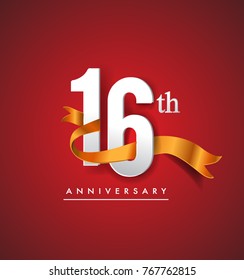 16th anniversary logotype with golden ribbon isolated on red elegance background, vector design for birthday celebration, greeting card and invitation card.