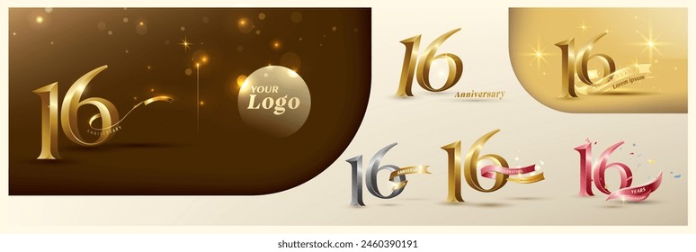 Logotipo del 16º aniversario número de oro moderno con cinta brillante. número de logotipo alternativo