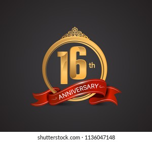 16th anniversary logotype style design luxury  golden color and ornament with warp red ribbon for company celebration event