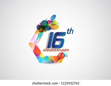 16th anniversary modern design with colorful oval pattern for celebration event. Vector illustration isolated on white background