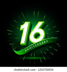 16th anniversary neon text vector design template. green number neon logo, light banner design element colorful design trend, night bright advertising neon text anniversary event party template