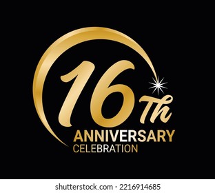 16th Anniversary ordinal number Counting vector art illustration in stunning font on gold color on black background