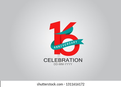 16th anniversary Red logo with Tosca ribbon. template design for web, game ,Creative poster, booklet, leaflet, flyer, magazine, invitation card - Vector