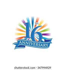 16th anniversary ribbon logo with colorful rays of light