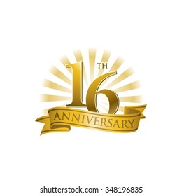 16th anniversary ribbon logo with golden rays of light