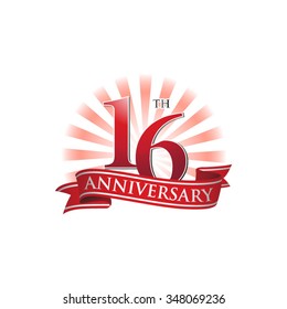 16th anniversary ribbon logo with red rays of light