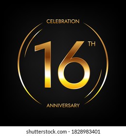 16th anniversary. Sixteen years birthday celebration banner in bright golden color. Circular logo with elegant number design.