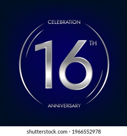 16th anniversary. Sixteen years birthday celebration banner in silver color. Circular logo with elegant number design.