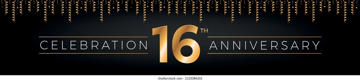 16th anniversary. Sixteen years birthday celebration horizontal banner with bright golden color.