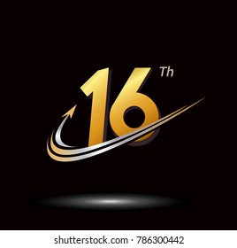 16th anniversary with swoosh and arrow icon. fast and forward golden anniversary logo on black background