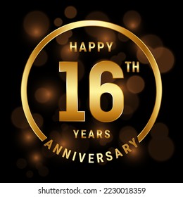 16th Anniversary. Anniversary template design with gold ring for celebration event, wedding, invitation and greeting card. Vector illustration