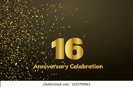 16th Anniversary vector party background with gold glitter and gold font, editable illustration eps 10