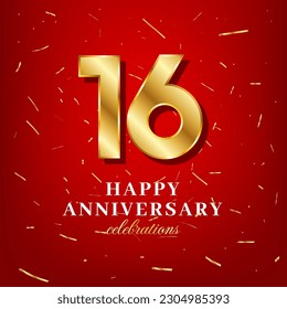 16th anniversary vector template with a golden number and golden confetti spread on a red background