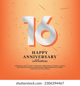 16. Jubiläum-Vektorvorlage mit weißer Zahl und Konfetti auf orangefarbenem Hintergrund