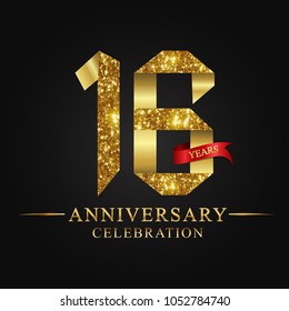 16th anniversary years celebration logotype. Logo ribbon gold number and red ribbon on black background. 