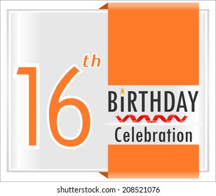 16th birthday, 16 year celebration card with vibrant colors and ribbon - vector illustration