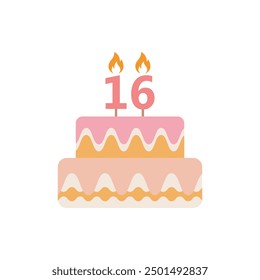 16th Birthday cake vector icon, sixteen birthday cake for celebration colored vector icon for food apps and web