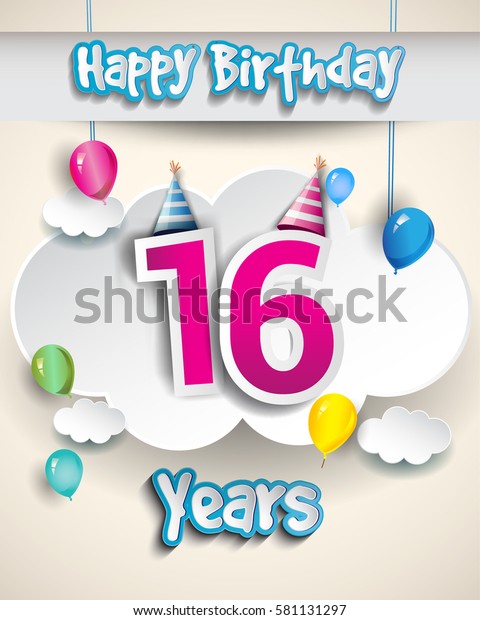 16th Birthday Celebration Design Clouds Balloons Stock Vector (Royalty ...