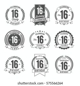 16th Birthday Celebration. Set of Birthday Badges.