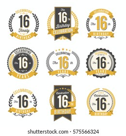 16th Birthday Celebration. Set of Birthday Badges.