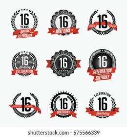 16th Birthday Celebration. Set of Birthday Badges.