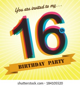 16th Birthday party invite / template design in retro style - Vector Background