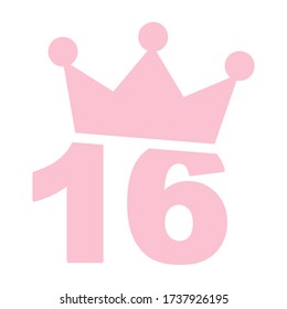 16th birthday pink icon - Number sixteen with a crown on the top vector illustration isolated