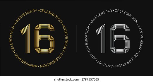 16th birthday. Sixteen years anniversary celebration banner in golden and silver colors. Circular logo with original numbers design in elegant lines.