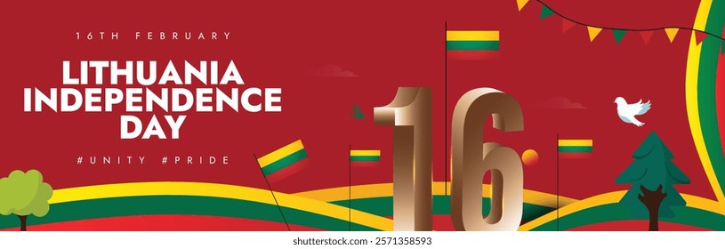 16th February Lithuania Independence Day. Lithuanian national day colourful social media cover. Lithuania celebration banner with modern art elements and flag. Vector stock illustration