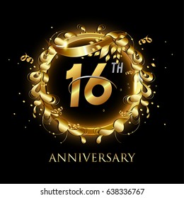 16th gold anniversary celebration With confetti, ring, and abstract elements, isolated on dark background