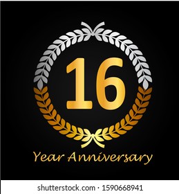 16th gold anniversary celebration logo with golden color and laurel wreath vector design