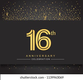 16th golden anniversary celebration logotype with confetti golden color isolated on black background, vector design for greeting card and invitation card