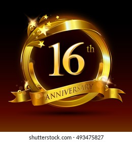 16th golden anniversary logo, 16 years anniversary celebration with ring and ribbon.