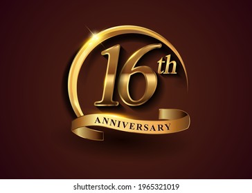 16th Golden Anniversary Logo With Gold Ring And Golden Ribbon, Vector Design For Birthday Celebration, Invitation Card.