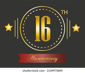 16th golden anniversary logo with ring and star golden. vector illustration
