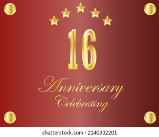 16th golden anniversary logo with ring, laurel wreath vector design.
