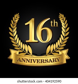 16th golden anniversary logo with ring and ribbon, laurel wreath vector design isolated on black background