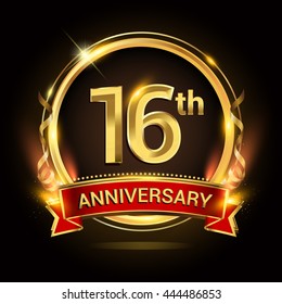 16th golden anniversary logo with ring and red ribbon, vector design.
